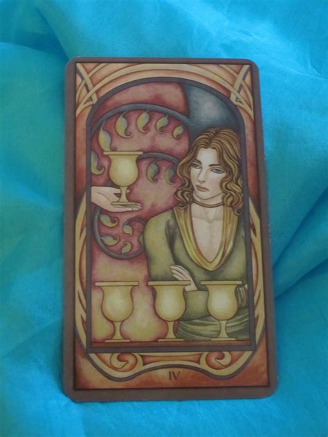 The image shows a man sitting under a tree, intently looking at three cups. Four of Cups ~ Daily Tarot Reading for Friday | Daily Tarot Girl