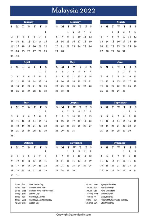 Malaysia 2022 Calendar With Holidays Template Pdf