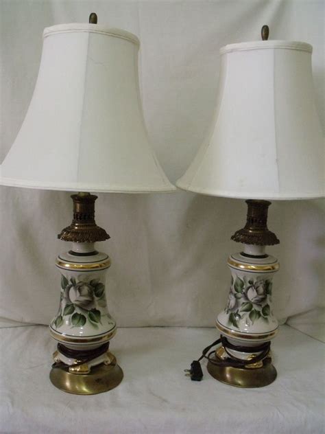 Vintage Pair Of Table Lamps Hand Painted Flower Signed Table Lamp