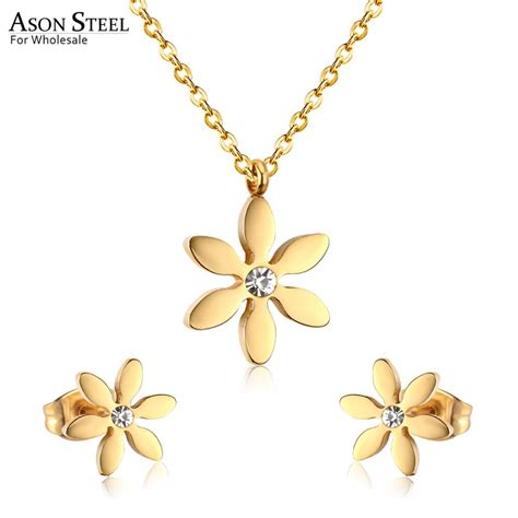 Asonsteel 5 Sets Lot Cz Jewelry Sets Gold Color Stainless Steel With Flower Pendant Necklace