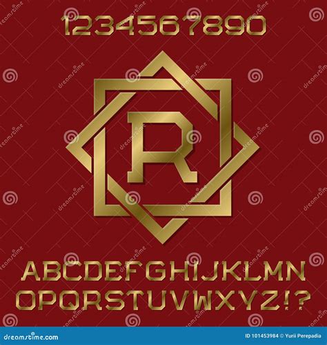 Golden Angular Letters And Numbers With Initial Monogram In Octagonal