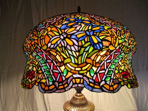 Antique Stunning Large Tiffany Style Stained Glass Table Lamp~3 Bulbs