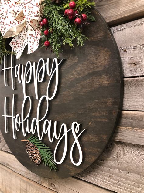 Happy Holidays Door Hanger Wreath Wood Round Pinecone Sign Greenery