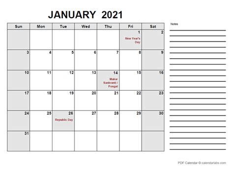 Free 2021 Calendar With Indian Holidays Pdf Images