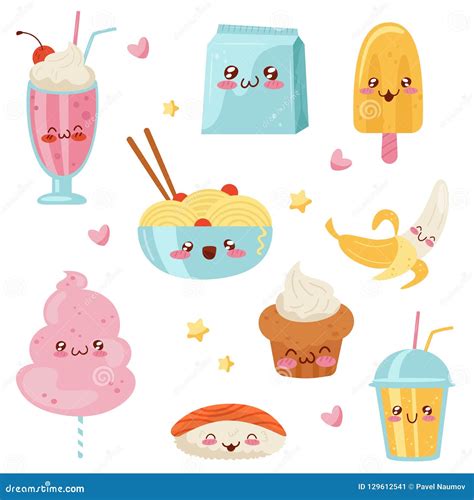 Cute Kawaii Food Cartoon Characters Set Desserts Sweets Sushi Fast