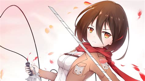 Attack On Titan Mikasa Ackerman With Sword Weapon With Pink Background