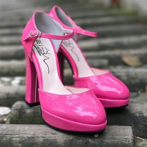 women s glossy pink amond toe front platform mary jane ankle strap killer heels pumps