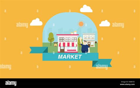 Flat Market Scene On Frame With Ribbon And Isolated Background Vector