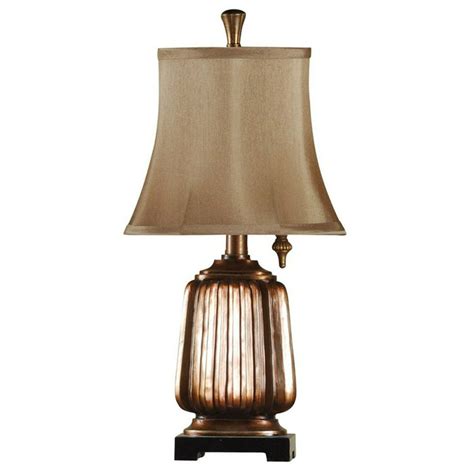 Mini Accent Table Lamp Antique Copper Finish Brown Softback Fabric