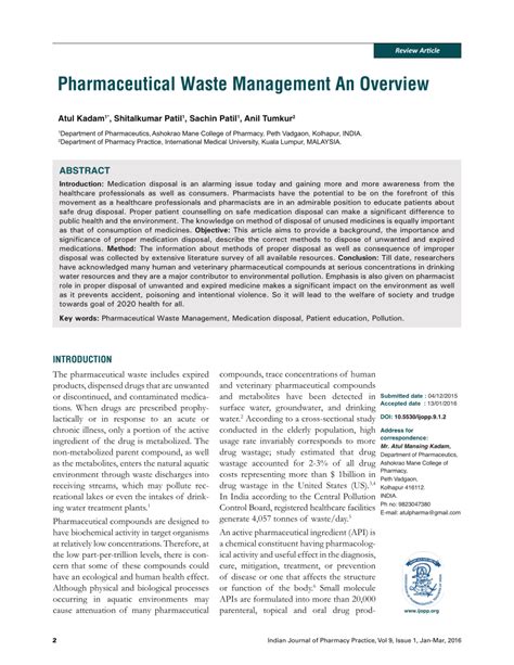 Pdf Pharmaceutical Waste Management An Overview