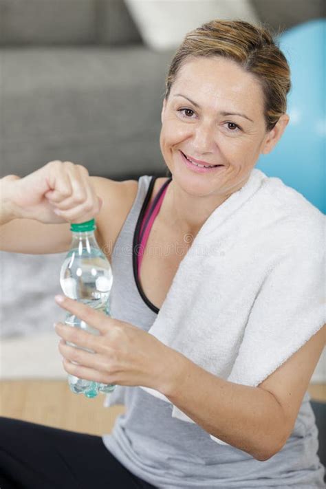Attractive Woman Drinking Water After Yoga Stock Photo Image Of