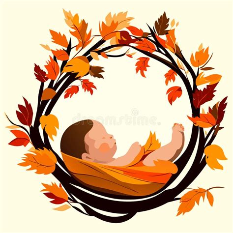 Cute Newborn Baby Boy Sleeping In A Wreath Of Autumn Leaves Vector
