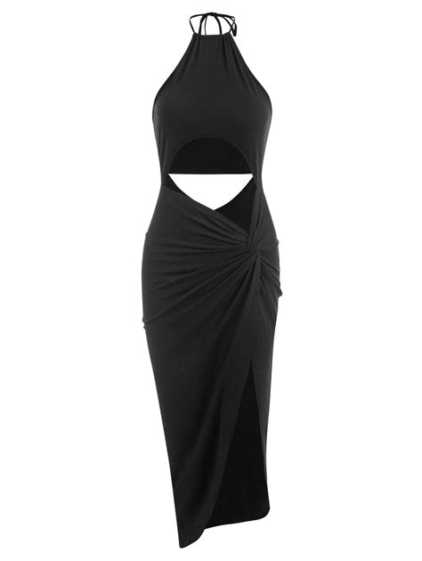 [34% OFF] 2021 Halter Backless Cutout Twisted Split Dress In BLACK | ZAFUL