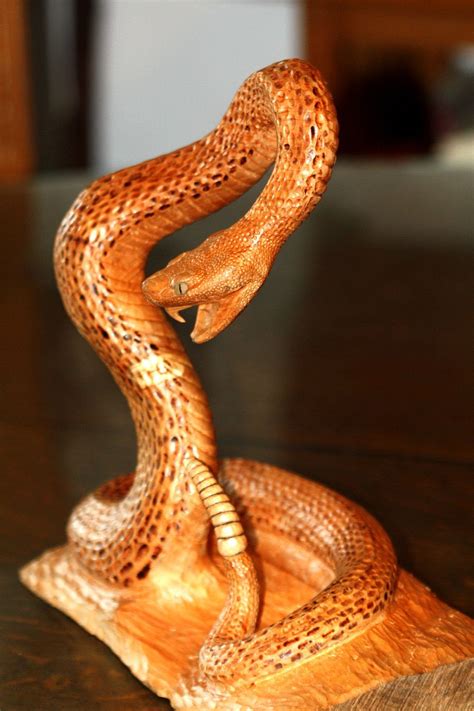 Wood Sculpture Rattlesnake Hand Carved Carving Wood Sculpture