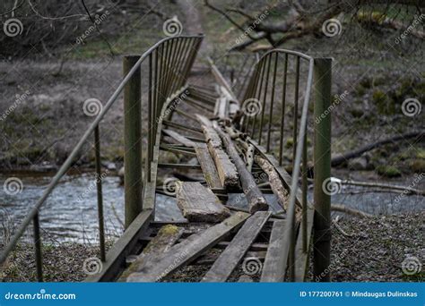 Old Broken Wooden Bridge Over River In The Forest Stock Image Image