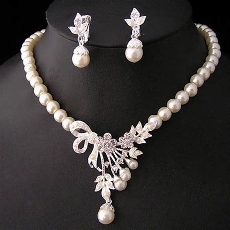 Female Jewelry Set Crystal Pearl Silver Plated Necklace Earrings Wedding Party Bridal Wedding