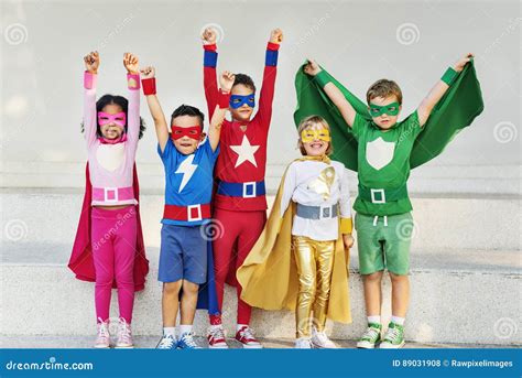 Superheroes Kids Friends Playing Togetherness Fun Concept Stock Photo