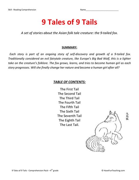 Suggested reading level for this text: Reading Comprehension Worksheet - 9 Tales of 9 Tails ...