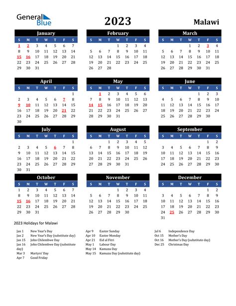 2023 Malawi Calendar With Holidays