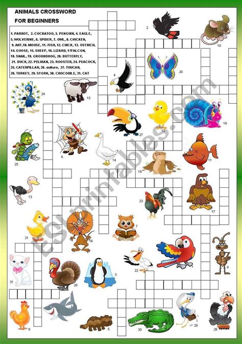 Animals Crossword For Beginners Bandw Esl Worksheet By Ell