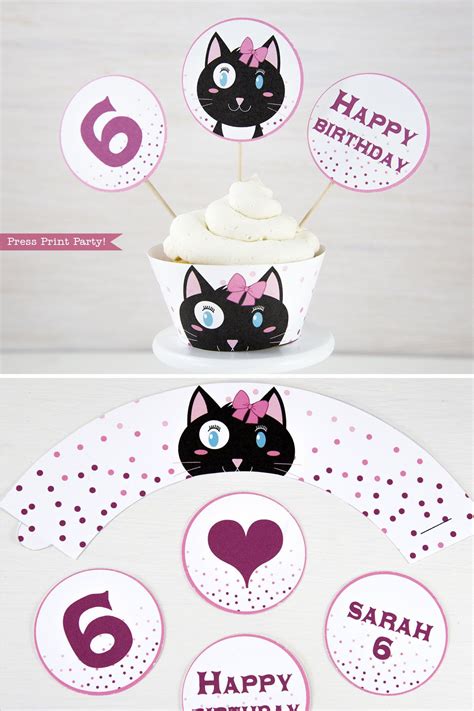 Cat Party Cupcake Toppers And Wrapper Printable Cat Cupcake Etsy