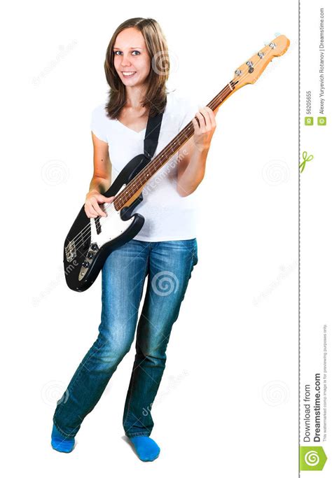 Girl Playing Bass Guitar Isolated On White Stock Image