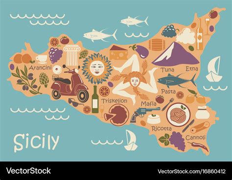 Stylized Map Of Sicily With Traditional Symbols Vector Image