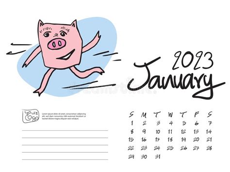 Calendar 2023 Design Template With Cute Pig Vector Illustration