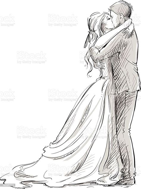 Wedding Couple Kiss Newlywed Vector Sketch Stock Illustration