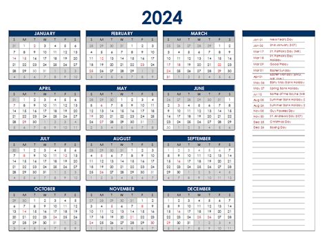 2024 Uk Annual Calendar With Holidays Free Printable Templates