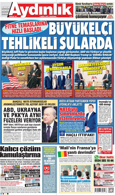 Aydınlık Gazetesi 2 Şubat 2022 Çarşamba Günü Manşeti