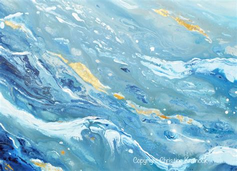 Original Art Blue White Navy Abstract Painting Gold Leaf Marbled Beach
