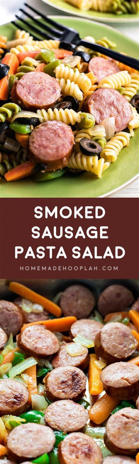 This tasty, creamy sausage pasta recipe is so quick. Smoked Sausage Pasta Salad - Homemade Hooplah