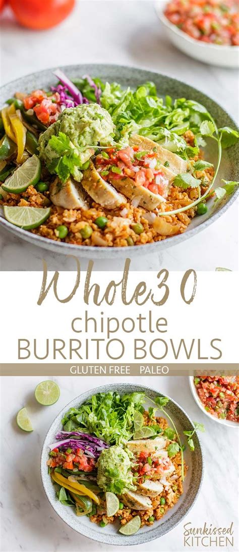 • boneless, skinless chicken thighs • zucchini • garbanzo beans • diced tomatoes • cilantro • olive oil • salt and pepper • chicken stock • cayenne pepper • ground cumin • ground cinnamon. Whole30 Chipotle Burrito Bowl recipe topped with lots of ...