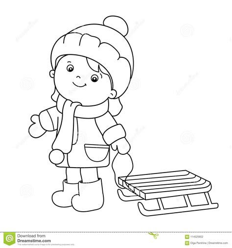 Coloring Page Outline Of Cartoon Girl With Sledge Winter