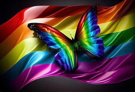 butterfly on fabric wavy colorful rainbow lgbt pride flag background generative ai stock