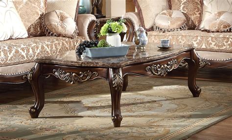 Kensington French Provincial Marble Top Coffee Table In Dark Wood Finish