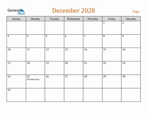 December 2028 Calendar With Togo Holidays