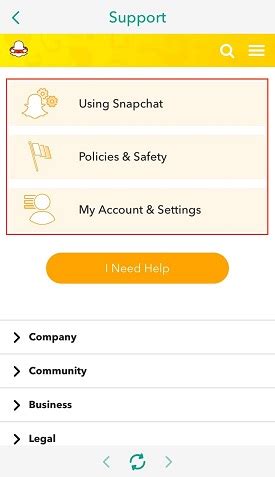 The support options can be found four sections down from the top of the marissa perino/business insider. How to Contact Snapchat + 4 Customer Support Tips