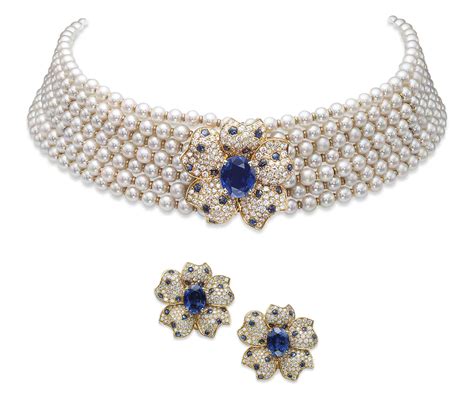 A Set Of Sapphire Diamond And Cultured Pearl Jewellery By Cartier