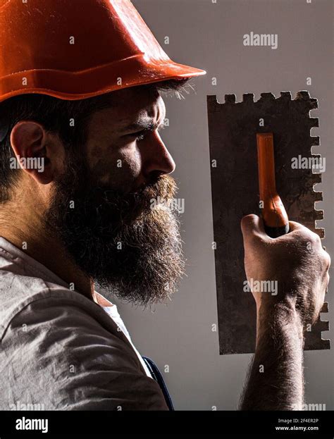 Bearded Man Worker Beard Building Helmet Hard Hat Plastering Tools