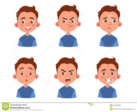 Set Of Kid S Emotions Facial Expression Cartoon Boy