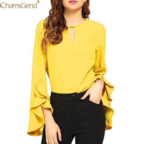 Women S Fashion Yellow Spring Summer Lady Blouses Pleated Round Neck Solid Blouse Long Sleeve