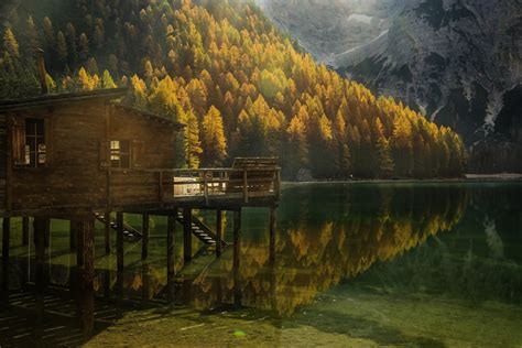 Landscape Nature Fall Forest Mountain Lake Cabin