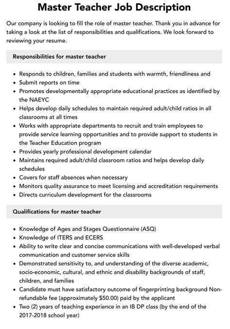 Master Teacher Job Description Velvet Jobs