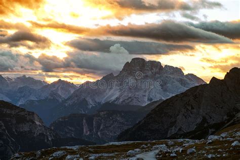 Mountains Panorama Of The Dolomites At Sunrise With Clouds Stock Image