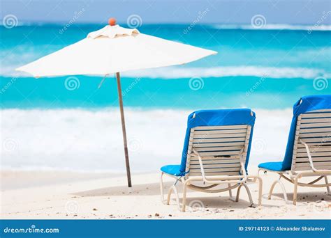 Chairs And Umbrella On Tropical Beach Stock Image Image Of Caribbean