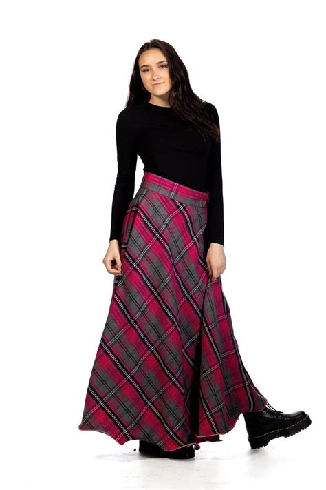 Long Plaid Skirt Button Zipped Tartan Skirts For Womens Scottish Kilt