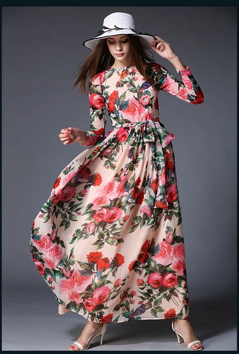 2018 Long Sleeve O Neck Floral Print Maxi Dresses Women Maxi Chiffon Dresses Women A Line Floral