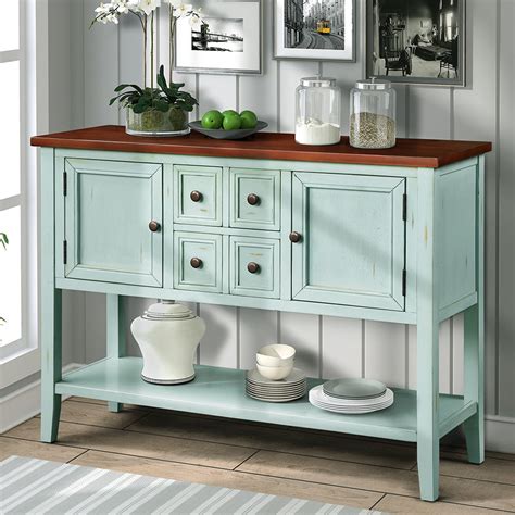 Wood Console Sofa Table With Storage Drawers And Bottom Shelf Storage Buffet Sideboard Cabinet